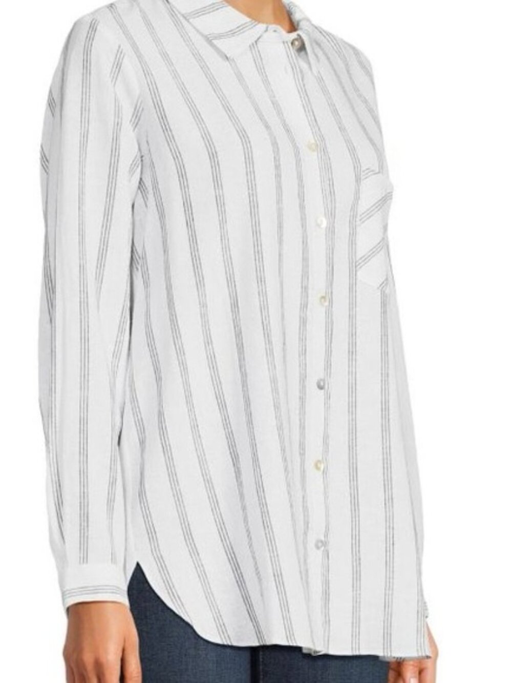 ADRIANNA PAPELL Stripe Linen Blend Button Down Shirt, Size M